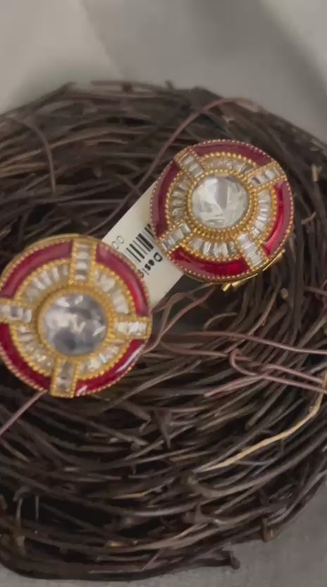 Red Enamel Round Stud Earrings with Diamond Look Center